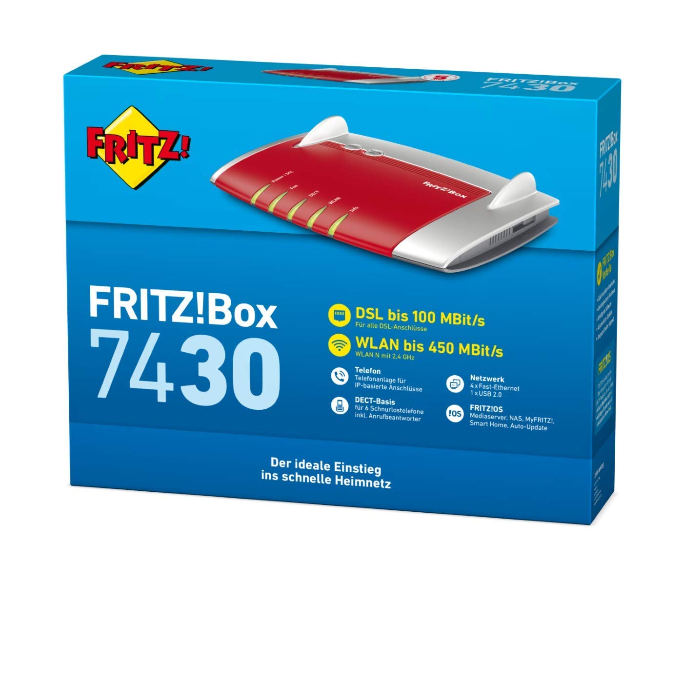 AVM FRITZ!Box 7430 (VDSL/ADSL2+, WLAN N, 450 MBit/s (2,4 GHz), TK-Anlage & Voice over IP mit DECT-Basis, Mediaserver) geeignet für Deutschland (Generalüberholt)