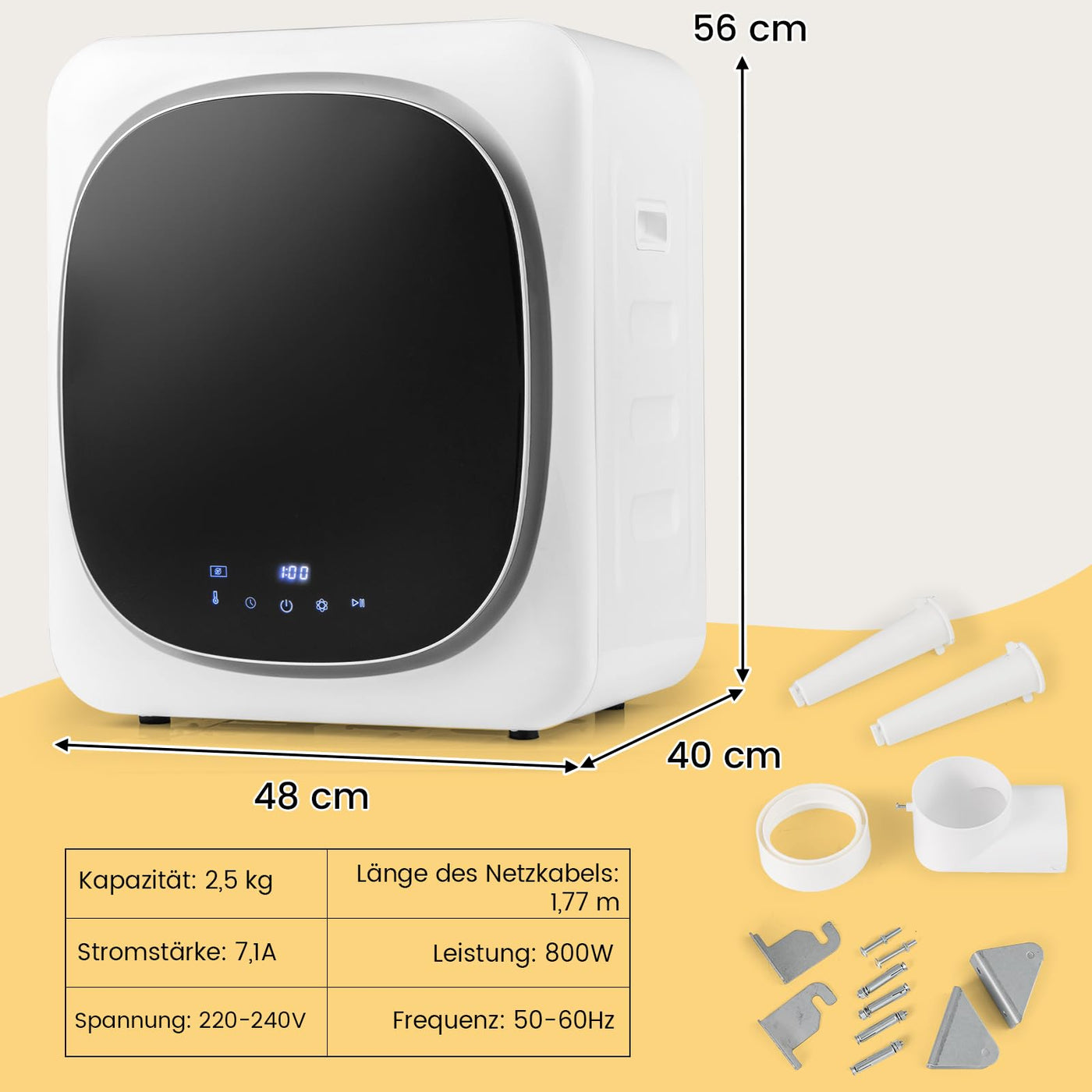 GOPLUS Wäschetrockner, Mini Wäschetrockner 800W, 5 KG, mit LED-Touchscreen | Timer | Überhitzungsschutz und Mehrfachfiltration | bis 65℃, Freistehend oder Wandmontage, Ablufttrockner für Kleidung