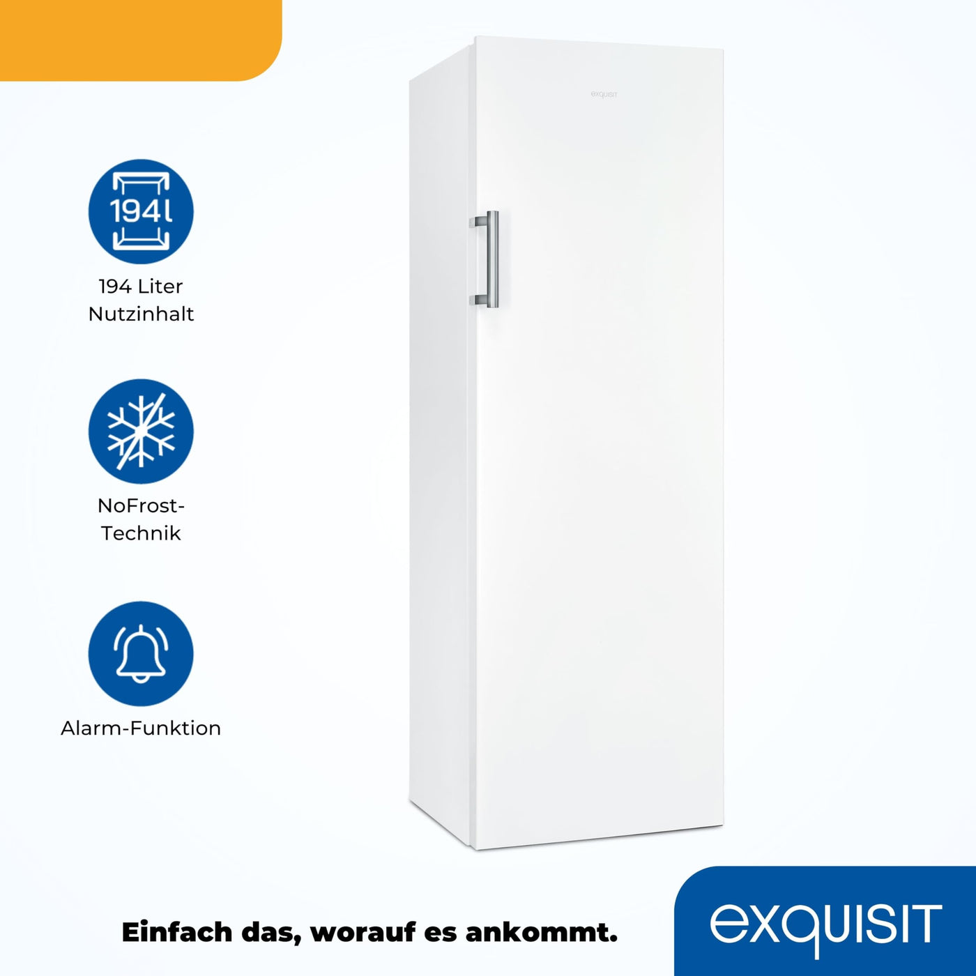 Exquisit Gefrierschrank NoFrost, Tiefkühlschrank groß, 194 Liter, Alarm-Funktion, 4-Sterne-Gefrieren, Schnellgefrieren, LED-Display, GS5271-NF-H-010D weiss