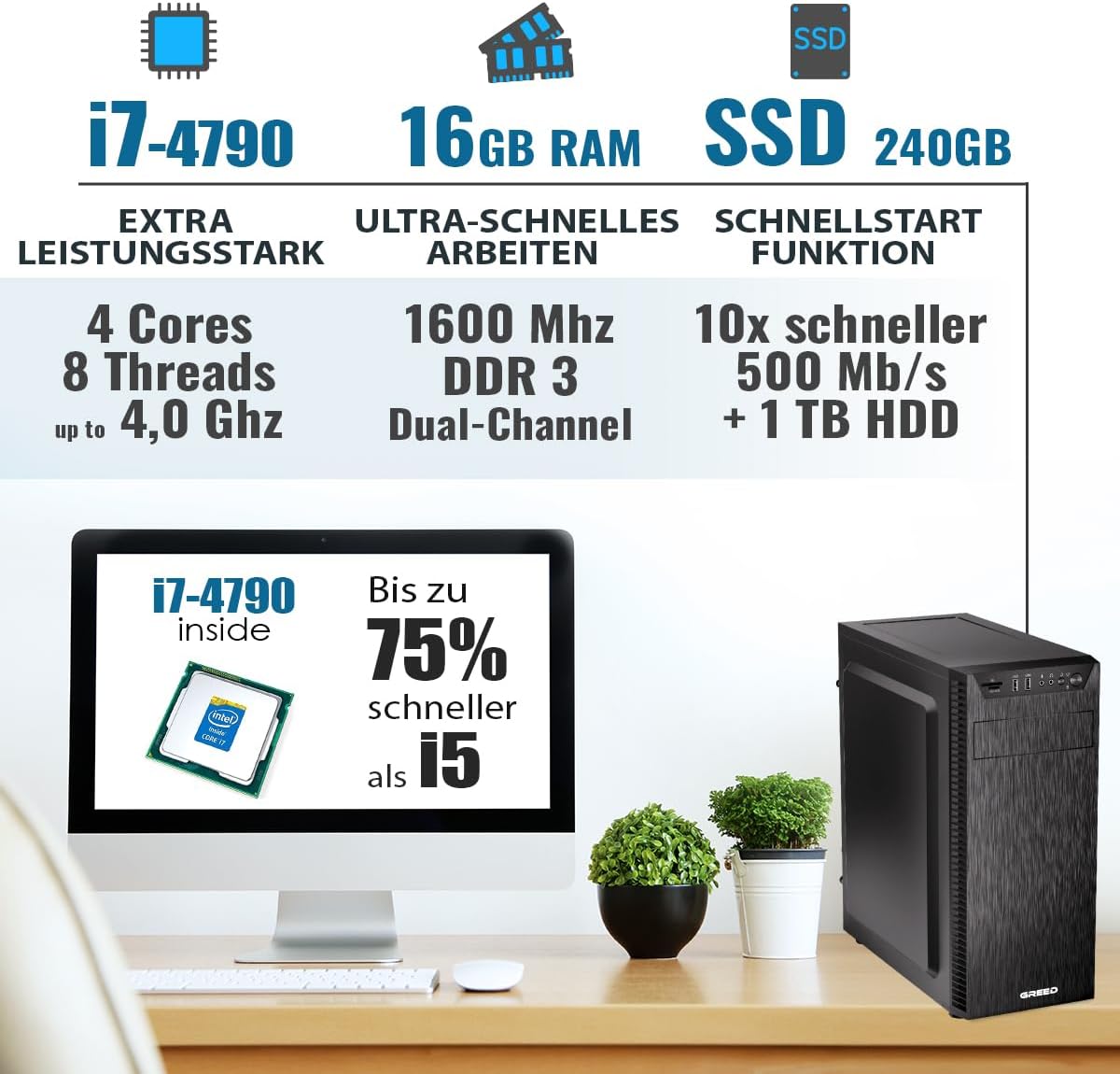 GREED® Multimedia PC mit Intel Core i7 4790 - Schneller Rechner + Computer für Büro & Home Office mit 4,0 GHZ, 16GB RAM/Arbeitsspeicher - 240GB SSD + 1TB - DVD+RW - USB3.0 - WLAN, inkl. Windows 11 Pro