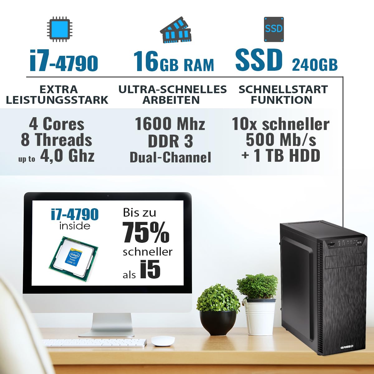 GREED® Multimedia PC mit Intel Core i7 4790 - Schneller Rechner + Computer für Büro & Home Office mit 4,0 GHZ, 16GB RAM/Arbeitsspeicher - 240GB SSD + 1TB - DVD+RW - USB3.0 - WLAN, inkl. Windows 11 Pro