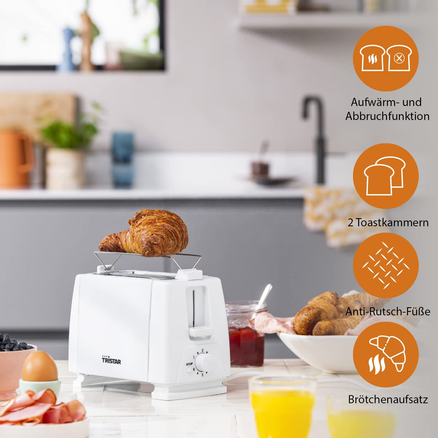 Tristar BR-1009 Toaster, 650 Watt, für 2 Toast-Scheiben 2 kurze Schlitze, 6 Bräunungsstufen und Aufwärmfunktion für Brötchen – Weiß