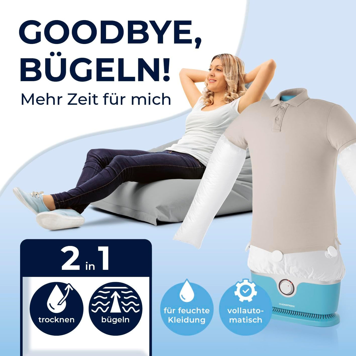 CLEANmaxx automatischer Hemdenbügler inklusive Hosenaufsatz | Bügler für Hemden, Blusen & Hosen, schonender als Wäschetrockner und Bügeleisen | Trocknen und in Minuten knitterfrei [hellblau]