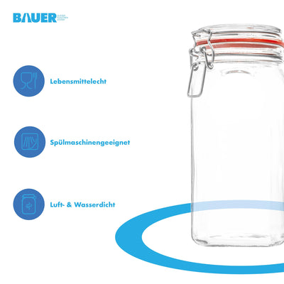 BAUER Flaschenbauer - 12 -teiliges Set Drahtbügel-Vorratsgläser 1550ml, geeignet als Einmach- und Fermentierglas, zur Aufbewahrung, zum Befüllen, Drahtbügelgläser Inklusive Etiketten - Made in Germany