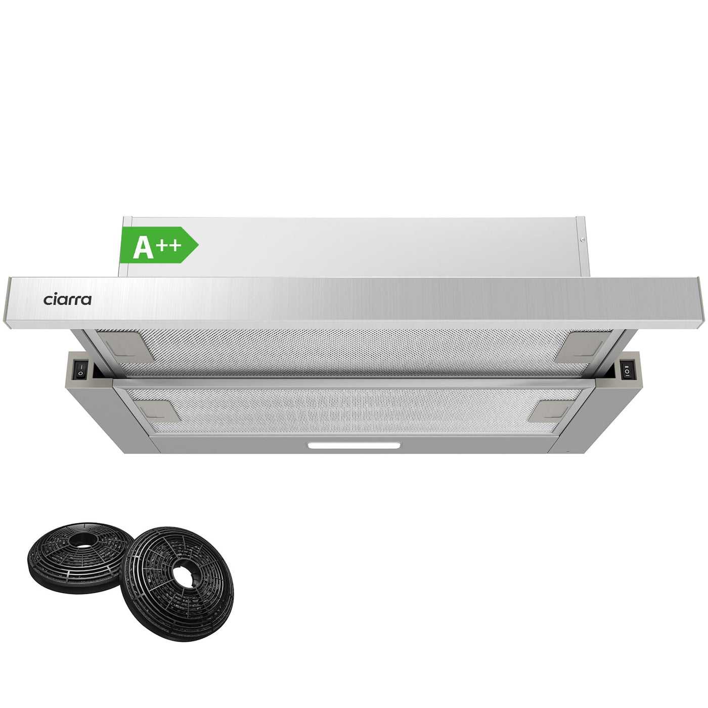 CIARRA CBCS6906D A++ Flachschirmhaube Dunstabzugshaube 60 cm Umluft 370 m³/h mit CBCF002X2 Aktivkohlefilter Integrierte Einbau Flach Abluft Abzugshaube 2 Stufen LED-Beleuchtung Silber