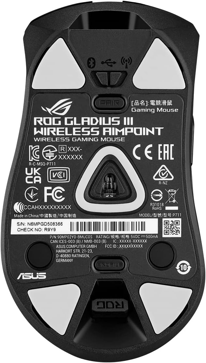 ASUS ROG Gladius III Wireless AimPoint RGB Gaming Maus (optischer ROG AimPoint-Sensor, 36.000 DPI, 650 IPS, ROG Micro Switches, ergonomisch, 2,4-GHz, Bluetooth®, USB, schwarz)