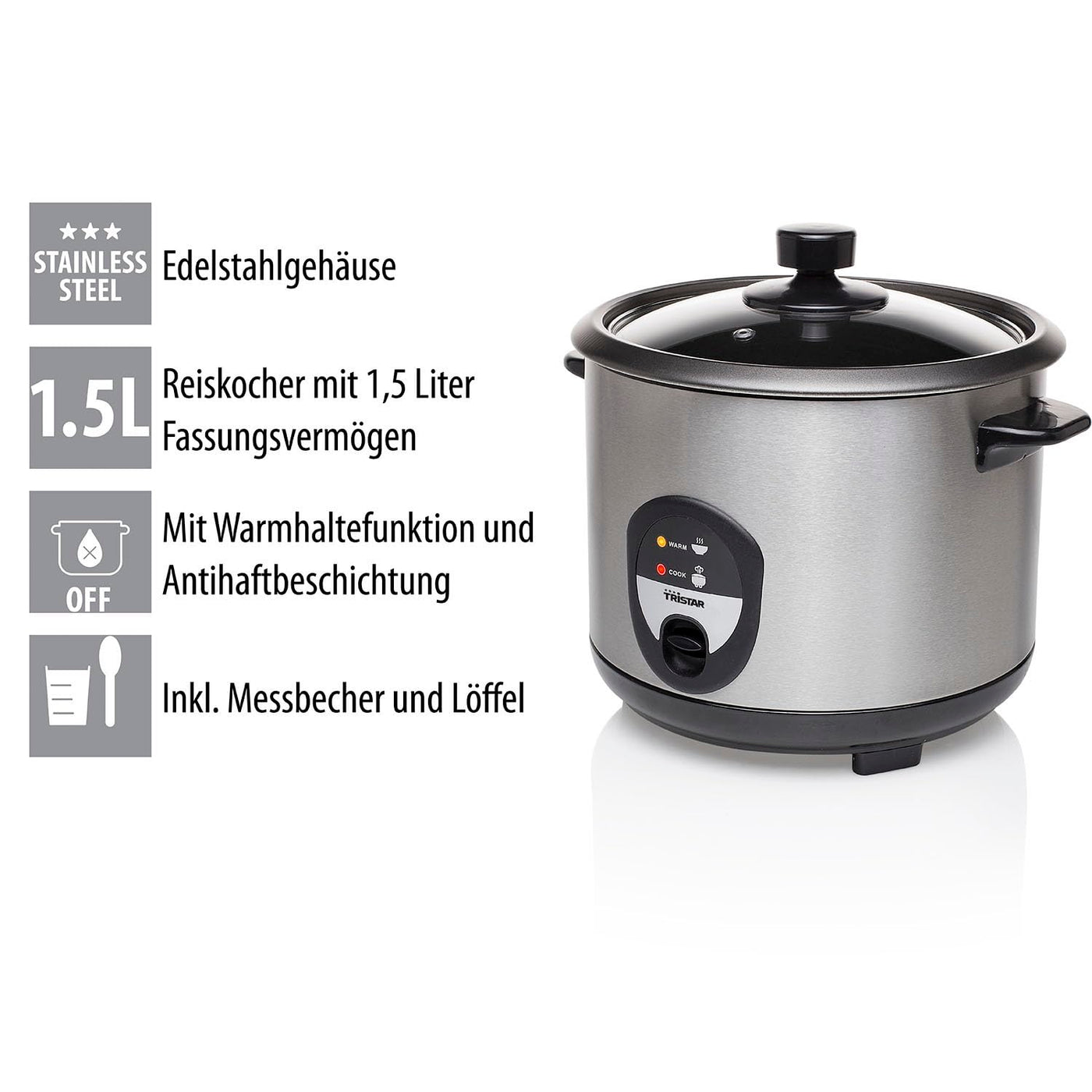 Tristar Reiskocher, 1,5 Liter, Reis für bis zu 10 Personen ohne Anbrennen, Mit Warmhaltefunktion, 500W, Edelstahl, RK-6127, Silver