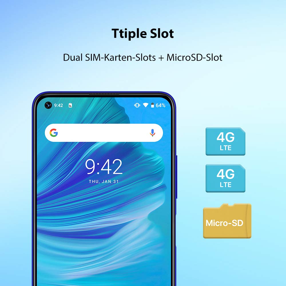 UMIDIGI F2 Android 10 Smartphone ohne vertrag 6.53 Zoll FHD+ FullView Display Handy mit 6GB+128GB, 5150mAh großer Akku, 48 MP Quad-Kamera, NFC, Google Assistant, Seitlicher Fingerabdrucksensor, Blau