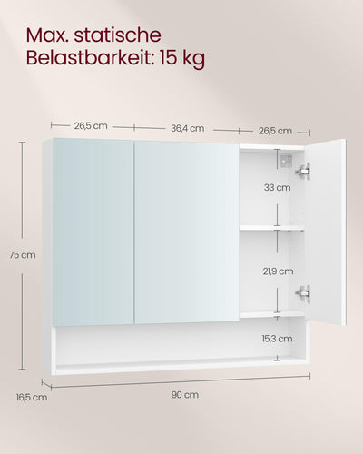 VASAGLE Badezimmerschrank mit 3 Türen, Spiegelschrank, Badschrank, offenes Fach, verstellbare Ablagen, 16,5 x 90 x 75 cm, wolkenweiß BBK130W01