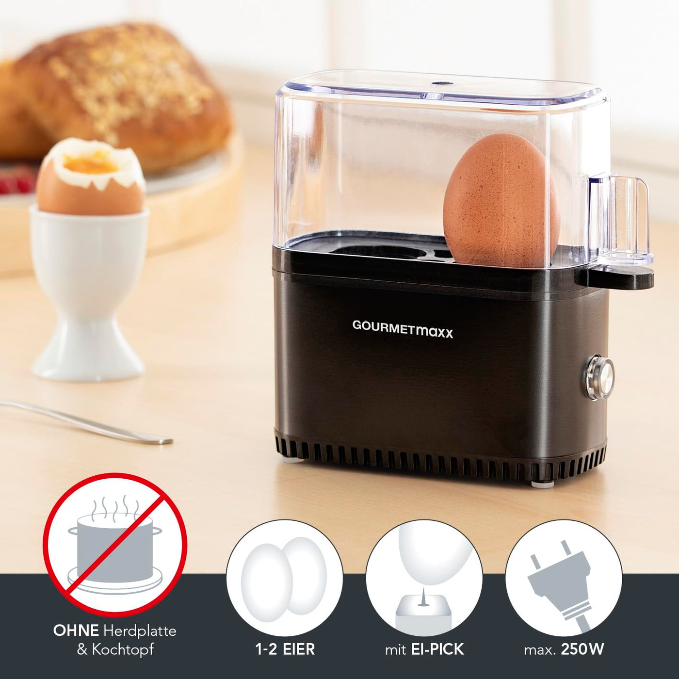 GOURMETmaxx Design Eierkocher für 2 Eier | kompakter Egg Boiler | Egg Cooker mit Eierstecher, Messbecher & Signalton | 3 Härtegrade | leichte Reinigung & spülmaschinenfeste Teile