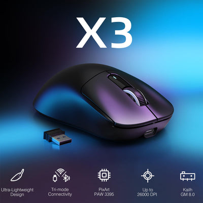 VGN GAMEPOWER x ATTACK SHARK X3 SUPERLIGHT Kabellose Gaming-Maus, 49g Ultraleicht Mouse, 26000DPI, PixArt PAW3395, 2.4G/BT/Kabelgebunden, PTFE Feet, Bis zu 200 Std. Akku, G502, PC/Xbox/PS/Mac, Schwarz