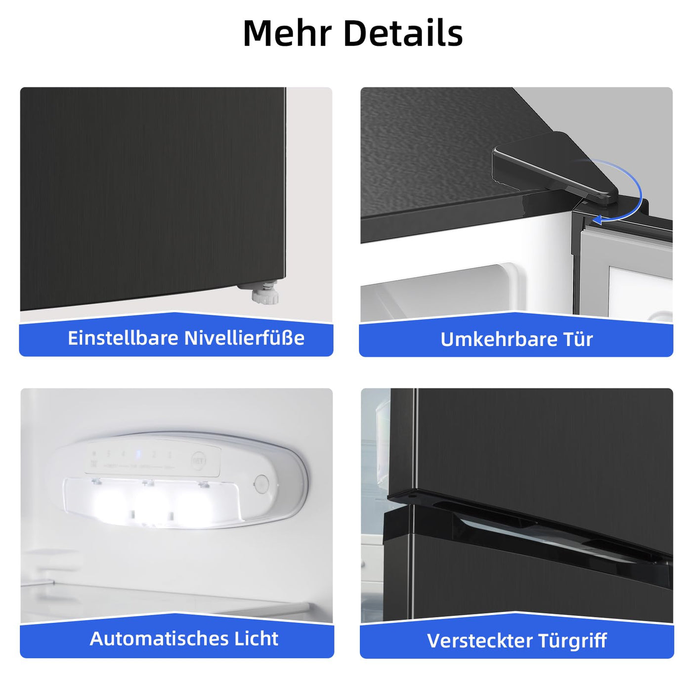 CHIQ CBM159LEBD Freistehender Kühlschrank mit Gefrierfach | Kühl-Gefrierkombination 144 cm Höhe, 47 cm Breit, 157L(109L/48L) | Low Frost | 152 kWh/Jahr | LED Litcht | | Schwarz Inox