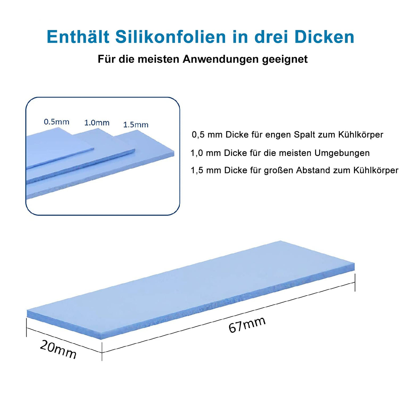 ADWITS 9er Pack Sortierte Dicke 0,5 1,0 1,5 mm Wärmeleitende Silikonpads mit 6,0 W/mk Wärmeleitfähigkeit, Soft Safe Einfach anzuwenden für SSD-CPU-GPU-LED-IC-Chipsatzkühlung -Blau