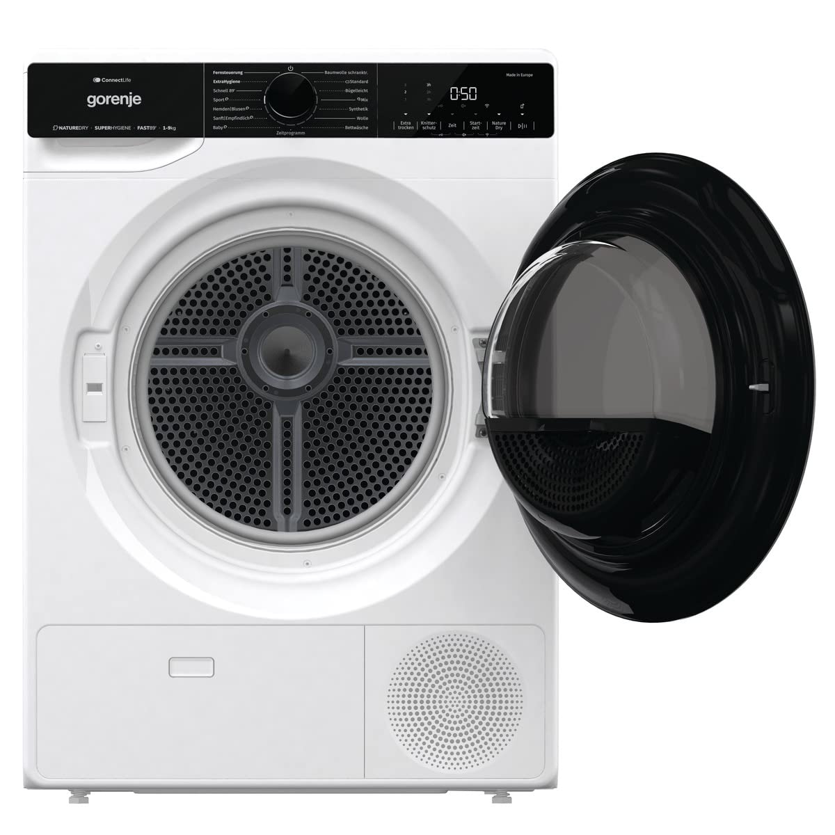 Gorenje DPNA93W Wärmepumpentrockner, 9 kg Kapazität, 15 Programme, ConnectLife WiFi, Auto Drain, Made in EU, Nature Dry, Twin Air, Sportprogramm, Schnellprogramm Energieklasse A+++