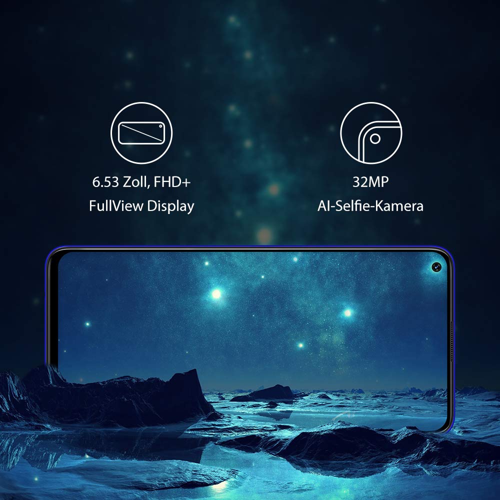 UMIDIGI F2 Android 10 Smartphone ohne vertrag 6.53 Zoll FHD+ FullView Display Handy mit 6GB+128GB, 5150mAh großer Akku, 48 MP Quad-Kamera, NFC, Google Assistant, Seitlicher Fingerabdrucksensor, Blau