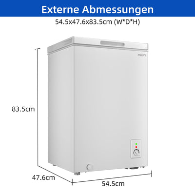 CHiQ FCF98DE Gefriertruhe 99 L, 54,5 x 47,6 x 83,5 cm, 4-Sterne-Gefrieren, Thermostatsteuerung, Drahtgestell, Schwebetür, Geräuscharm, Weiß