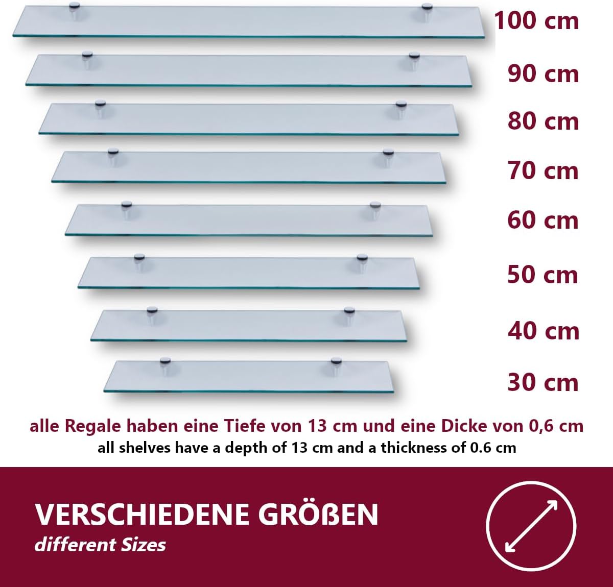 Euro Tische 40cm Glas Wandregal Klarglas - Glas Regal für Badezimmer in verschiedenen Größen - Klarglas Duschregal mit 6mm ESG Sicherheitsglas und Metallhaltern Montiert