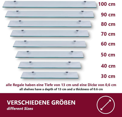 Euro Tische 40cm Glas Wandregal Klarglas - Glas Regal für Badezimmer in verschiedenen Größen - Klarglas Duschregal mit 6mm ESG Sicherheitsglas und Metallhaltern Montiert