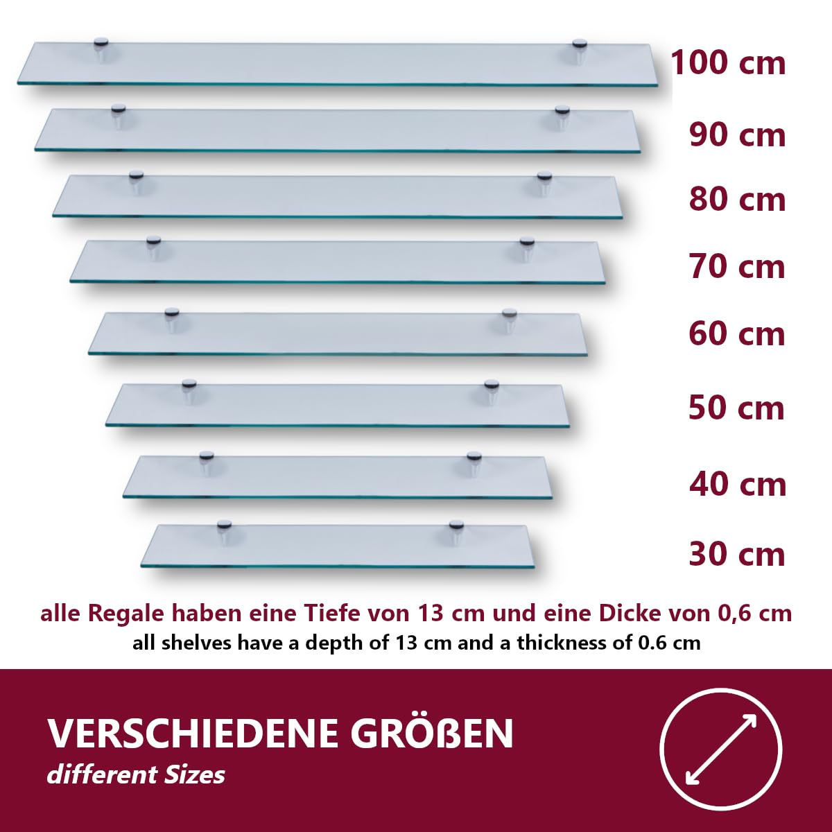 Euro Tische 40cm Glas Wandregal Klarglas - Glas Regal für Badezimmer in verschiedenen Größen - Klarglas Duschregal mit 6mm ESG Sicherheitsglas und Metallhaltern Montiert