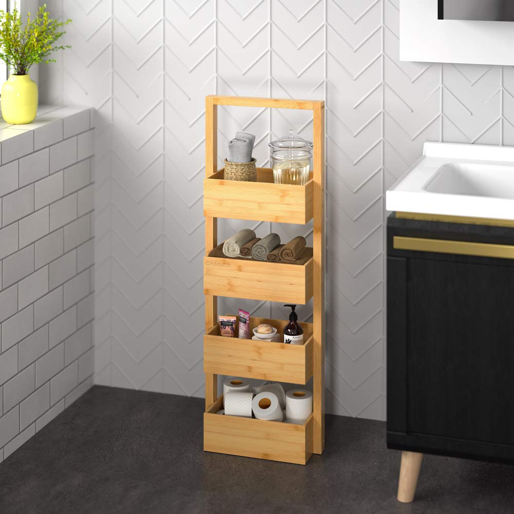 Casaria® Badregal Standregal Bambus 4 Ablagen 88x16x28 cm Holz Küchenregal Korbregal Bad Badezimmer Küche Regal Schmal