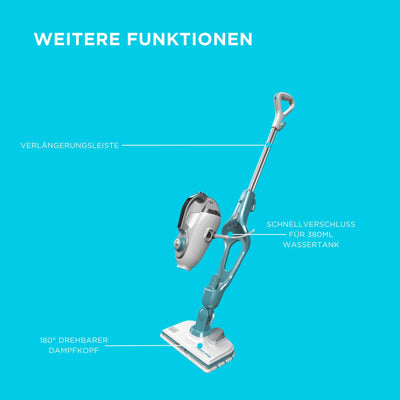 BLACK+DECKER 13-in-1 Dampfbesen Steam-Mop (mit SteaMitt Dampfhandschuh zur Oberflächenreinigung, AutoSelect-Technologie, 180° drehbarer Reinigungsfuß, inkl. 13-tlg. Zubehör) FSMH1321JSM-QS