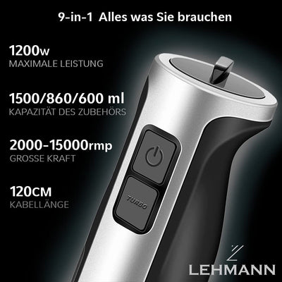 Lehmann Chowmei Stabmixer Set 1200 W | Pürierstab mit Turbofunktion und Geschwindigkeitsregelung | Elektrische Multifunktions Hand Blender | inkl. 6-teiliges Zubehör Set