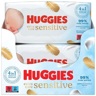 Huggies Pure Extra Care Sensitive Baby-Feuchttücher, Für den ganzen Körper, 99 % reines Wasser, Parfümfrei, 8 x 56 Tücher, Monatsbox