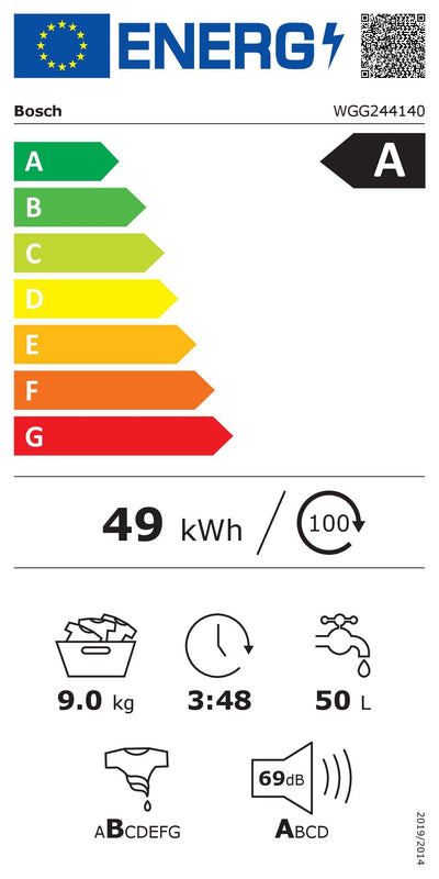 BOSCH WGG244140 Waschmaschine Serie 6, Frontlader mit 9kg Fassungsvermögen, 1400 UpM, Made in Germany, Active Water Plus, Speed Perfect, Fleckenautomatik, Nachlegefunktion, 60cm [Energieklasse A]