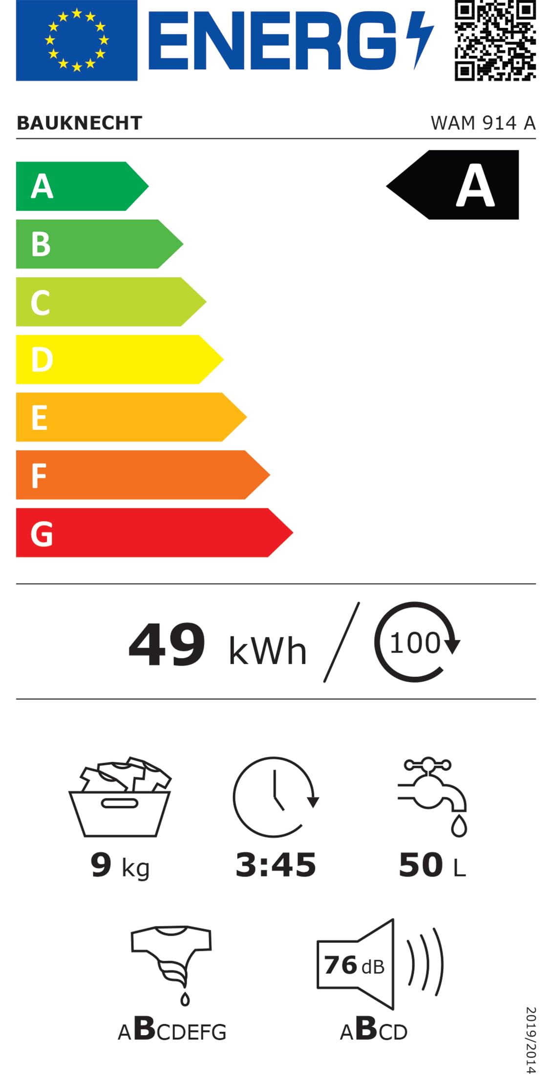 Bauknecht WAM 914 A Waschmaschine Frontlader/ 9kg / EEK A/ Kurz 30/ Kurz 45/ Anti-Allergie-Programm/ Wolleprogramm/ Startzeitvorwahl/ Dynamic Inverter Motor/ Flecken 40° Schutz vor Wasserschäden