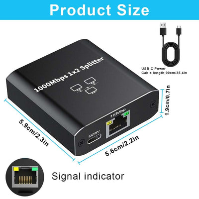 AXFEE Lan Splitter 1 auf 2 1000Mbps, Gigabit Ethernet Splitter 1 in 2 Out, Lan Switch 2 Port, RJ45 LAN Verteiler Netzwerk Verlängerungen Stecker für Computer, Router, Set-Top Box (mit Typ-C Netzkabel)