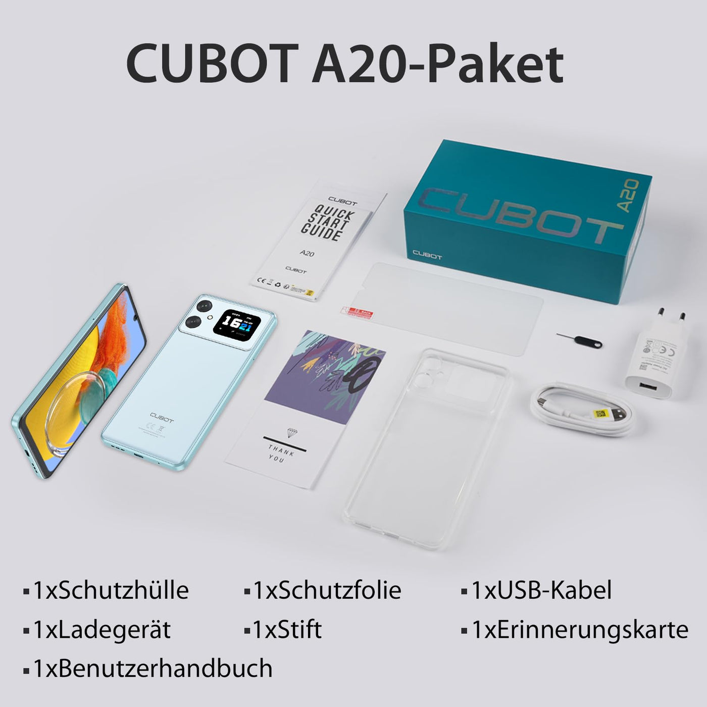 CUBOT A20 Smartphone Ohne Vertrag Android 14,6.8'' HD+ Octa-Core 90Hz Günstig Handy,12GB+128GB/1TB Erweiterbar Dual SIM 4G Simlockfreie Handys,48MP+16MP,5100mAh,1,83'' Rückbildschirm,OTG-Blau