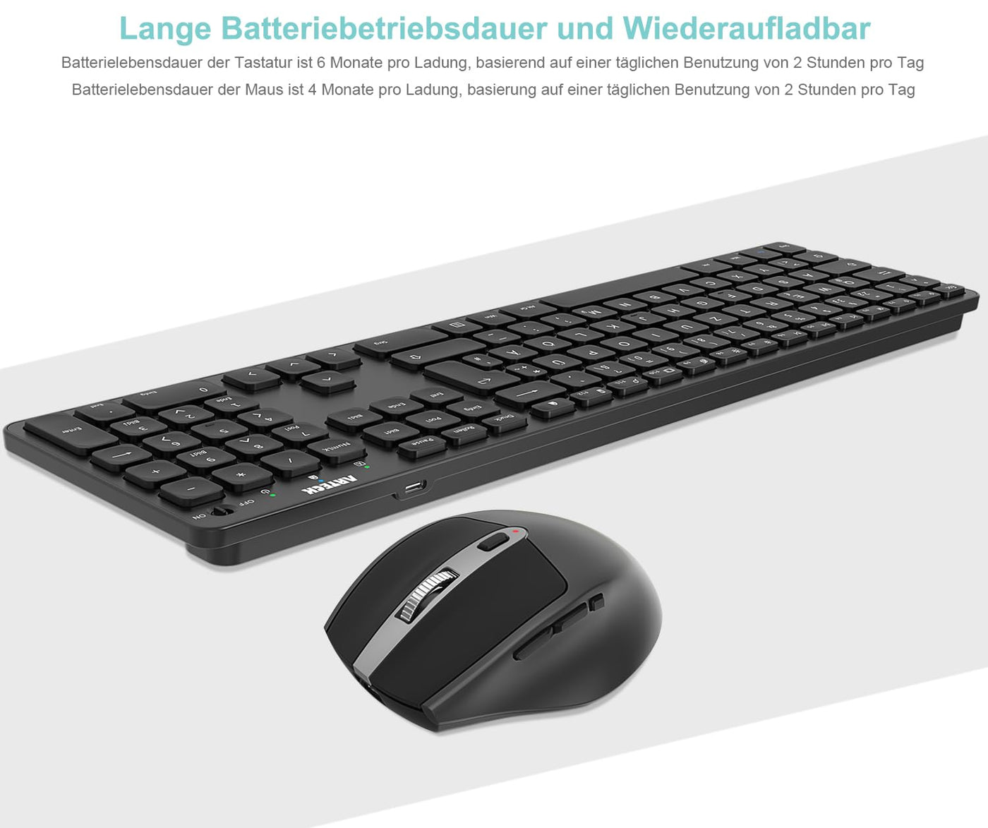 Arteck 2.4G Kabellose Tastatur und Maus kombination Ultra dünne Full Size Tastatur Tastatur und ergonomische Maus für Desktop-PC und Laptop mit Windows 11/10/8/7 Eingebauter Akku mit USB-C Ladestecker