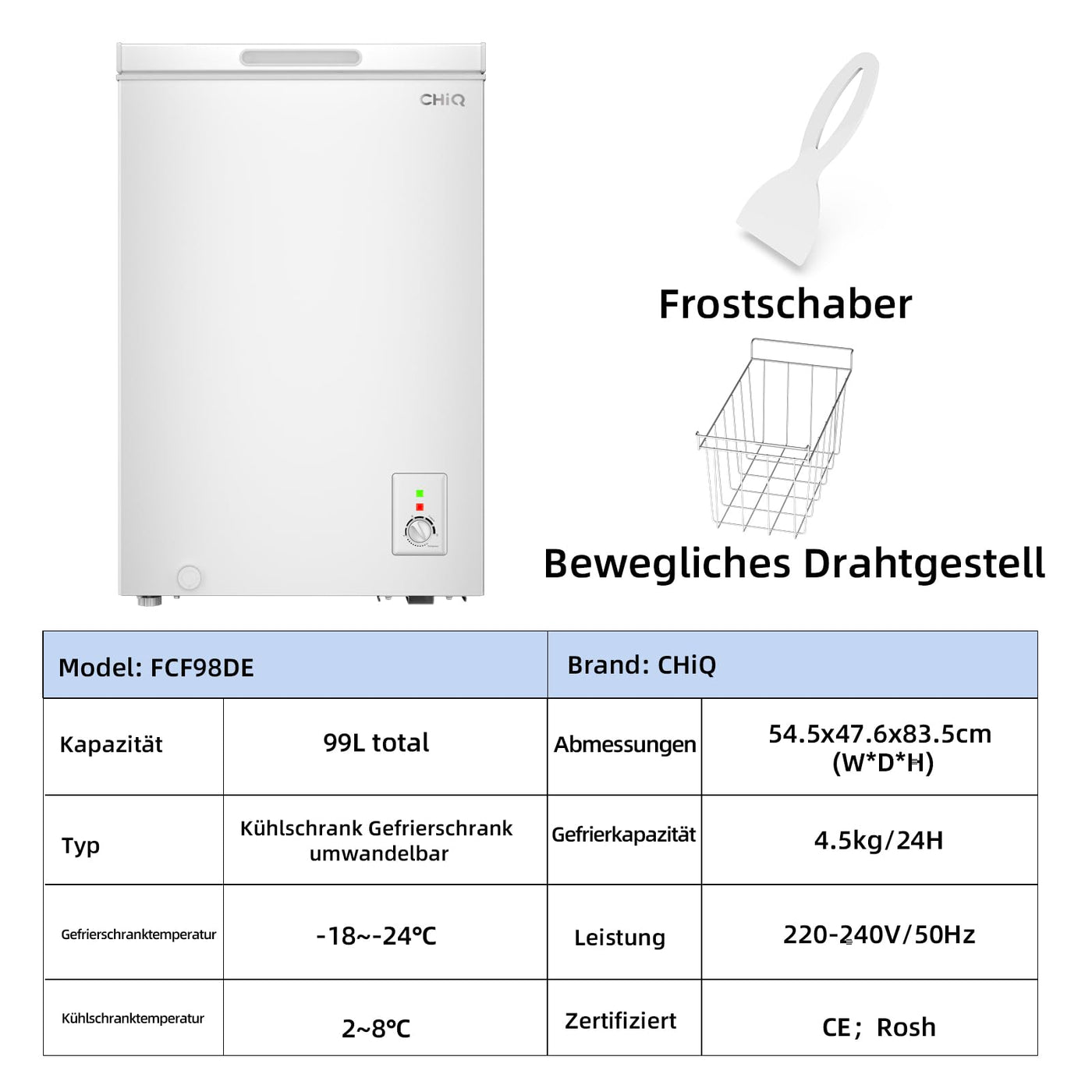 CHiQ FCF98DE Gefriertruhe 99 L, 54,5 x 47,6 x 83,5 cm, 4-Sterne-Gefrieren, Thermostatsteuerung, Drahtgestell, Schwebetür, Geräuscharm, Weiß