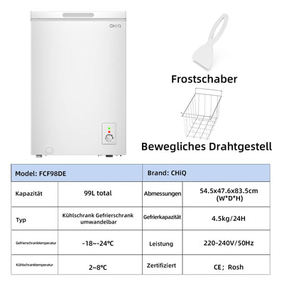 CHiQ FCF98DE Gefriertruhe 99 L, 54,5 x 47,6 x 83,5 cm, 4-Sterne-Gefrieren, Thermostatsteuerung, Drahtgestell, Schwebetür, Geräuscharm, Weiß