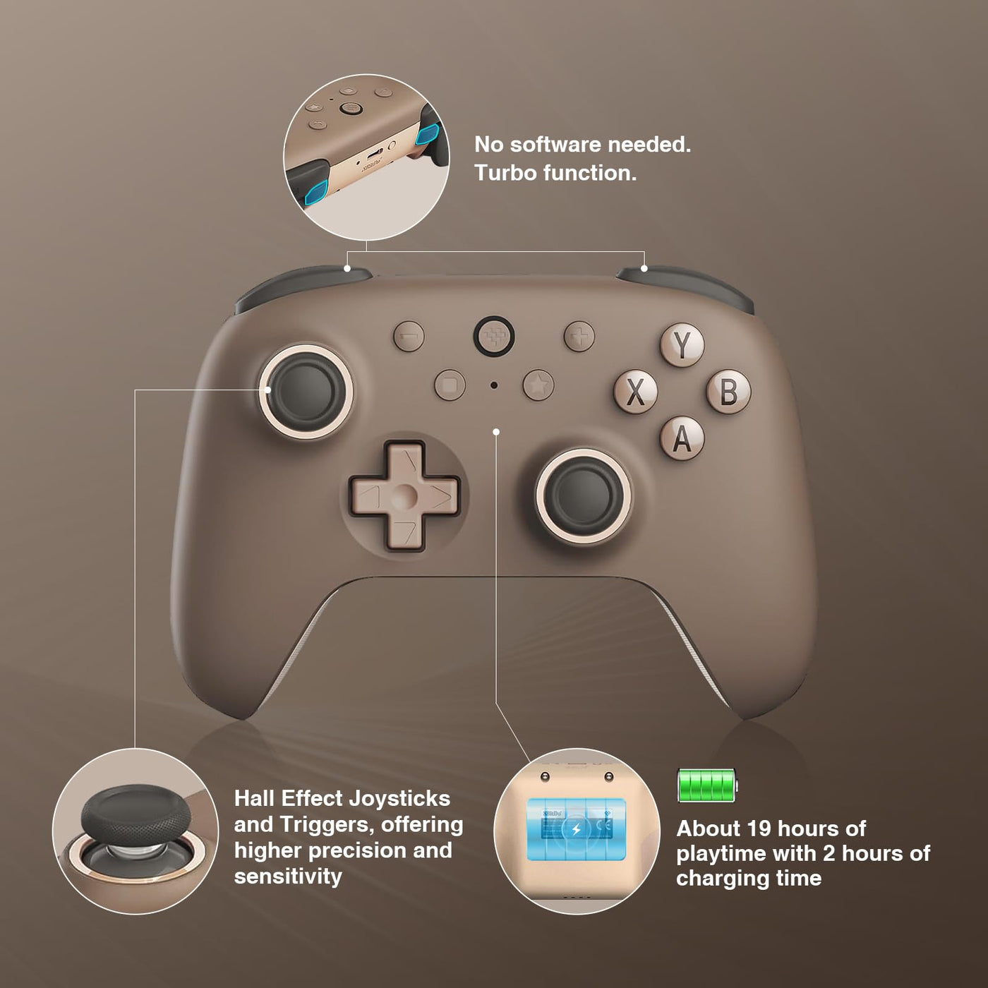 8bitdo Ultimate 2C Wireless Controller für Windows-PC und Android, mit 1000 Hz Abfragerate, Hall-Effekt-Joysticks und Hall-Triggern und Neu Belegbaren L4/R4-Stoßfängern, Turbofunktion (Brownie)