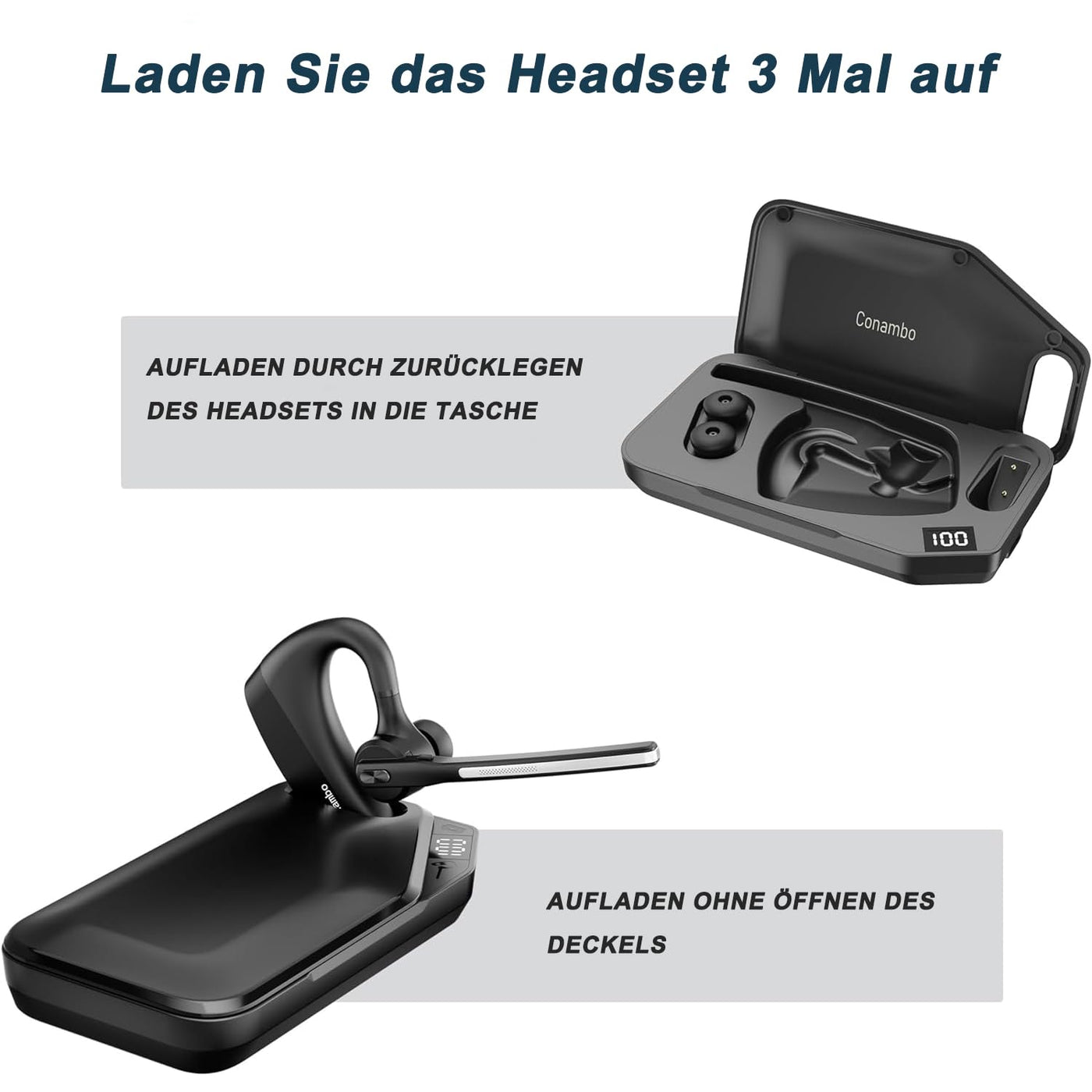 Conambo Headset Bluetooth V5.2,Wireless Bluetooth Freisprech Headset mit CVC 8.0 und ENC Dual Mic Noise Cancelling,70 Std Spielzeit mit Ladecase,Bluetooth Ohr für Autofahren/Büro/Geschäft