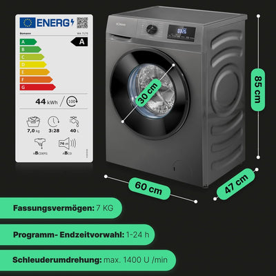 Bomann Waschmaschine 7kg | max. 1400 U/min | 10 Jahre Motor-Garantie | effizienter, leiser & langlebiger Invertermotor | 15 Programme | Endzeitvorwahl | Washing Machine WA 7175 titan - schwarz