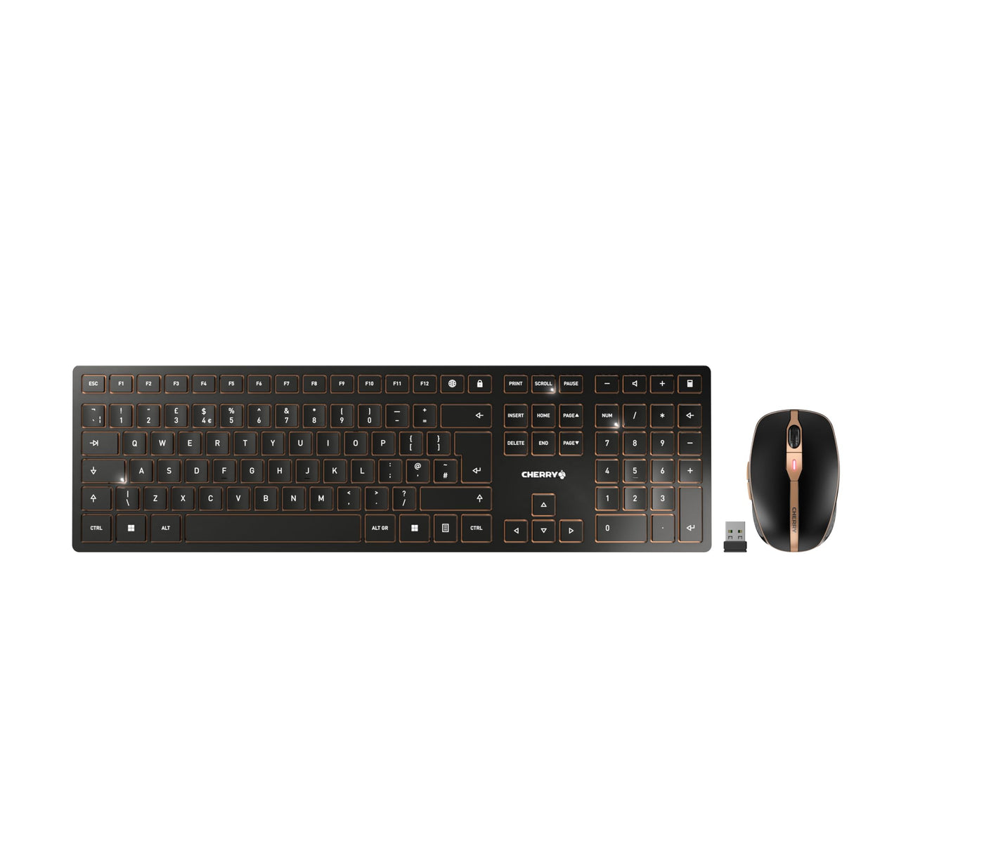 CHERRY DW 9100 SLIM, Kabelloses Tastatur- und Maus-Set, UK-Layout (QWERTY), Bluetooth & 2,4 GHz Funk, Leise Tasten, Wiederaufladbar, Schwarz-Bronze