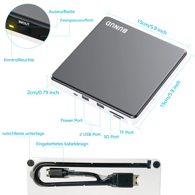 BUNUD Externes DVD Laufwerk, CD Laufwerk Extern USB mit 2 USB SD TF Ports, Externer CD/DVD Brenner und Player, Externes CD Laufwerk für Laptop Windows Mac PC MacBook