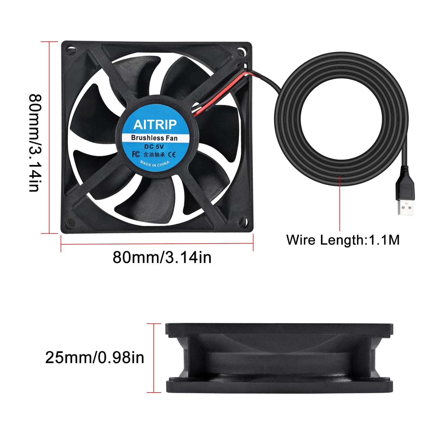 AITRIP 80mm 5V 8025 80x25mm bürstenloser USB Lüfter für Kühlung, PC Gehäuse, 3D Drucker, CPU Kühler, 2 Stück