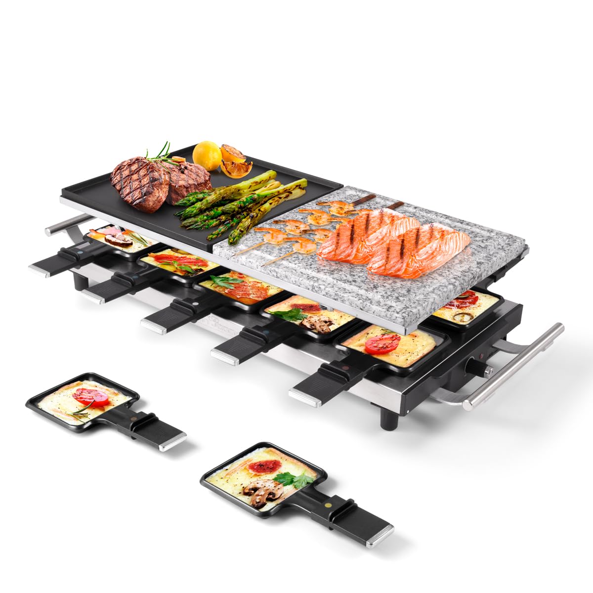 ProfiCook® Raclette 10 Personen mit heißem Naturgrillstein | Raclette antihaftbeschichtet | Raclette für 10 Personen | inkl. 10 Pfännchen & Holzspatel | Edelstahlgriff (wärmeisoliert) | PC-RG 1144