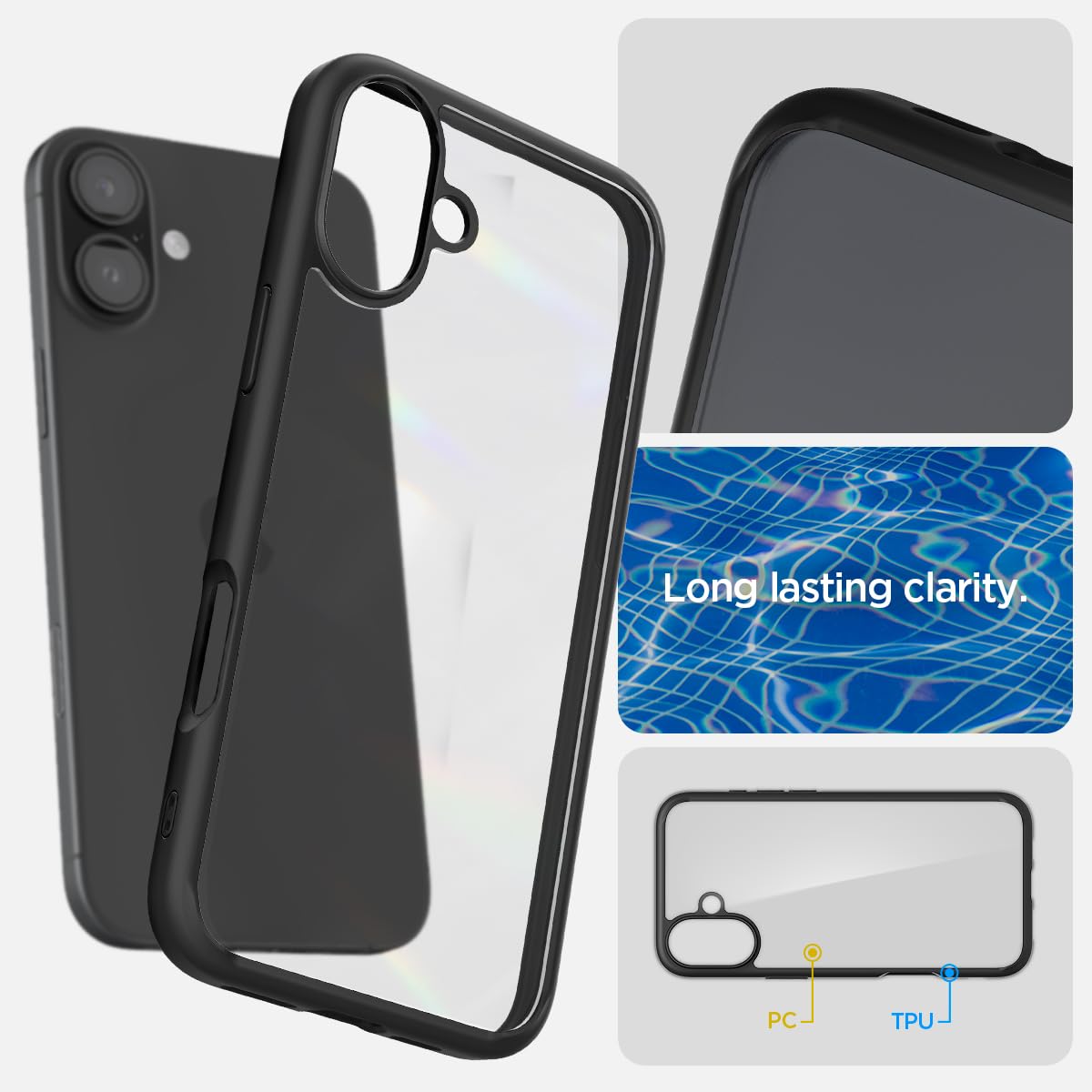 Spigen für iPhone 16 Plus Hülle [Anti-Yellowing] Ultra Hybrid Case Handyhülle Schutzhülle Cover Transparent Durchsichtig Dünn Slim -Schwarz