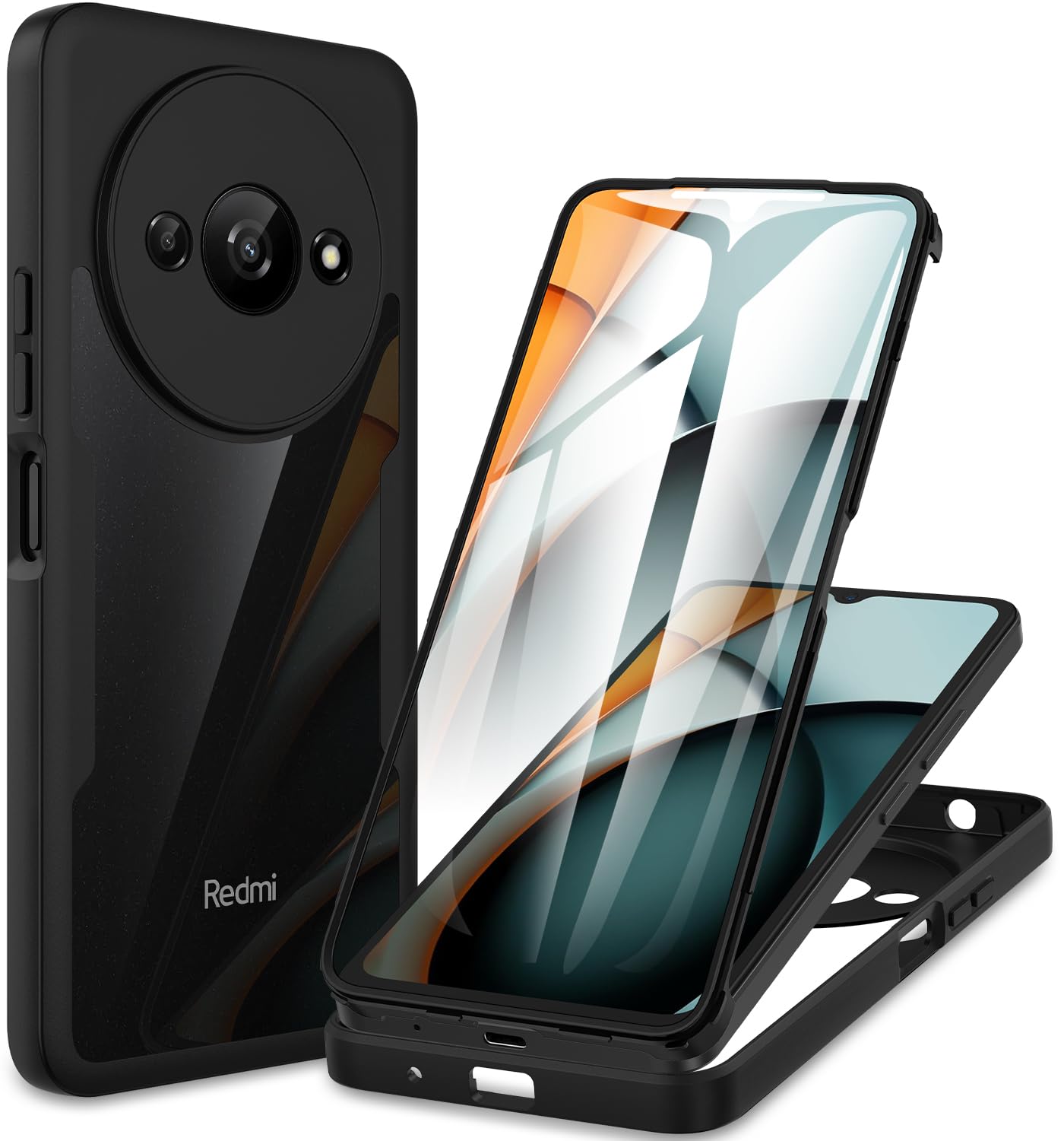 CENHUFO für Xiaomi Redmi A3 Hülle, 360 Grad Schutzhülle mit Eingebautem Displayschutz, Robust Stoßfest Panzerhülle Bumper Cover Outdoor Case Ganzkörper Handyhülle für Xiaomi Redmi A3 - Schwarz