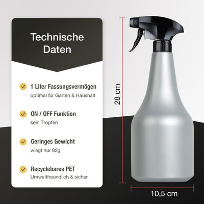 3x Große Sprühflasche 1 Liter mit Zerstäuber (inkl. beschriftbare Etiketten) | Wassersprühflasche ideal für Pflanzen, Reinigungsmittel (chemiebeständig), Garten, Autopflege | Water Spray Bottle