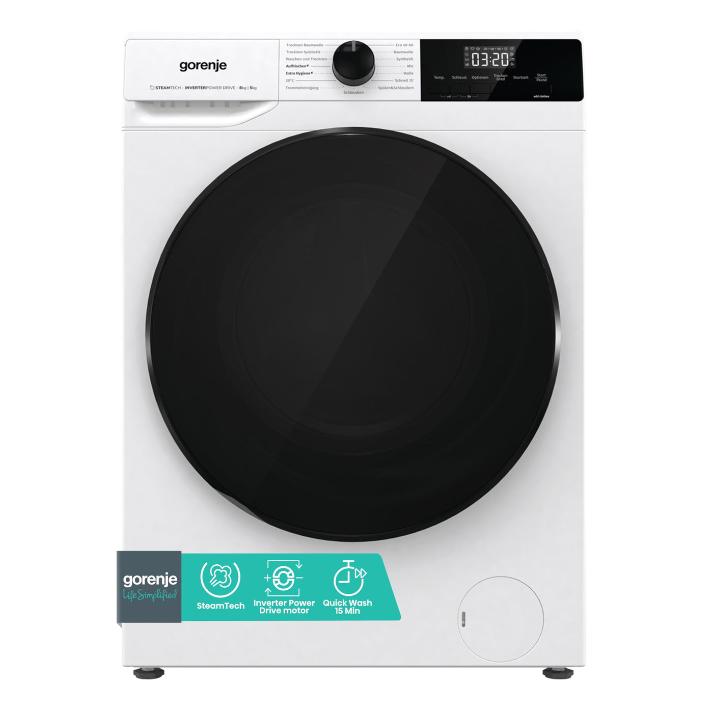 Gorenje WDAM 854 AP Waschtrockner mit Dampffunktion / 8 kg / 1400 U / 15 Programme/Aqua Stop/Inverter PowerDrive Motor/Kindersicherung/QuickDry/weiß