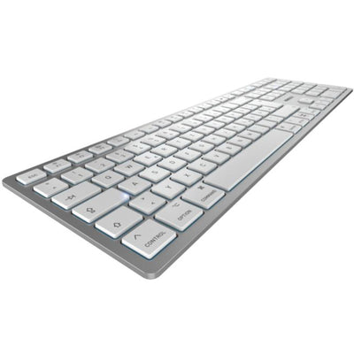 CHERRY KW 9100 SLIM FOR MAC, kabellose Mac-Tastatur, Deutsches Layout (QWERTZ), Bluetooth oder 2,4 GHz Funk, Flache Tasten, Wiederaufladbar, Weiß-Silber