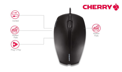 CHERRY GENTIX Corded Optical Mouse, kabelgebundene Maus mit 3 Tasten und hochauflösenden optischem 1000 DPI Sensor, geeignet für Rechts- und Linkshänder, gummierte Seiten, schwarz (Packung mit 2)