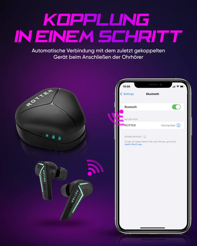 ROTTER® Kabellose Bluetooth Mobile Gaming Kopfhörer, Extrem Niedrige Latenz von 50 ms, Bluetooth 5.3, Dual Modus, 35 Stunden Spielzeit, IPX4 Wasserdicht, 6 Mikrofone (Black)