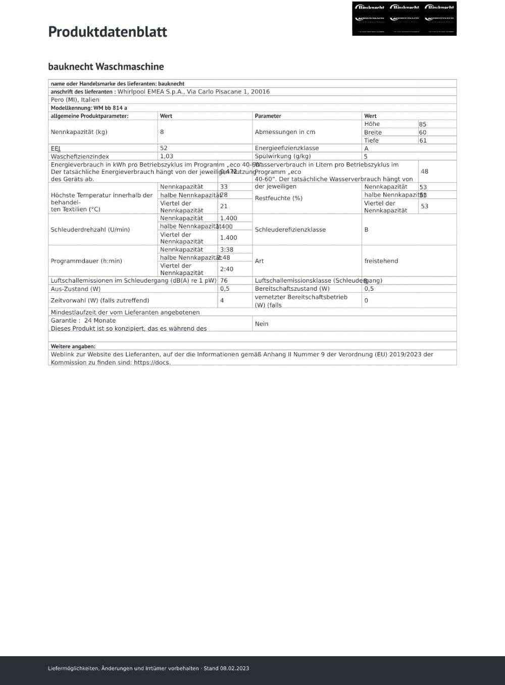 Bauknecht WM BB 814 A Waschmaschine Frontlader / 8kg / EEK A/Kurz 30 / Kurz 45 / Kraftvolle Fleckenentfernung/Anti-Allergie-Programm/Wolleprogramm/Schwarz/Langlebiger Inverter-Motor