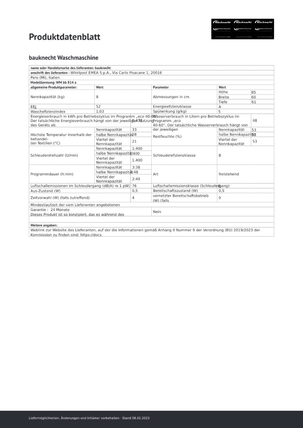 Bauknecht WM BB 814 A Waschmaschine Frontlader / 8kg / EEK A/Kurz 30 / Kurz 45 / Kraftvolle Fleckenentfernung/Anti-Allergie-Programm/Wolleprogramm/Schwarz/Langlebiger Inverter-Motor